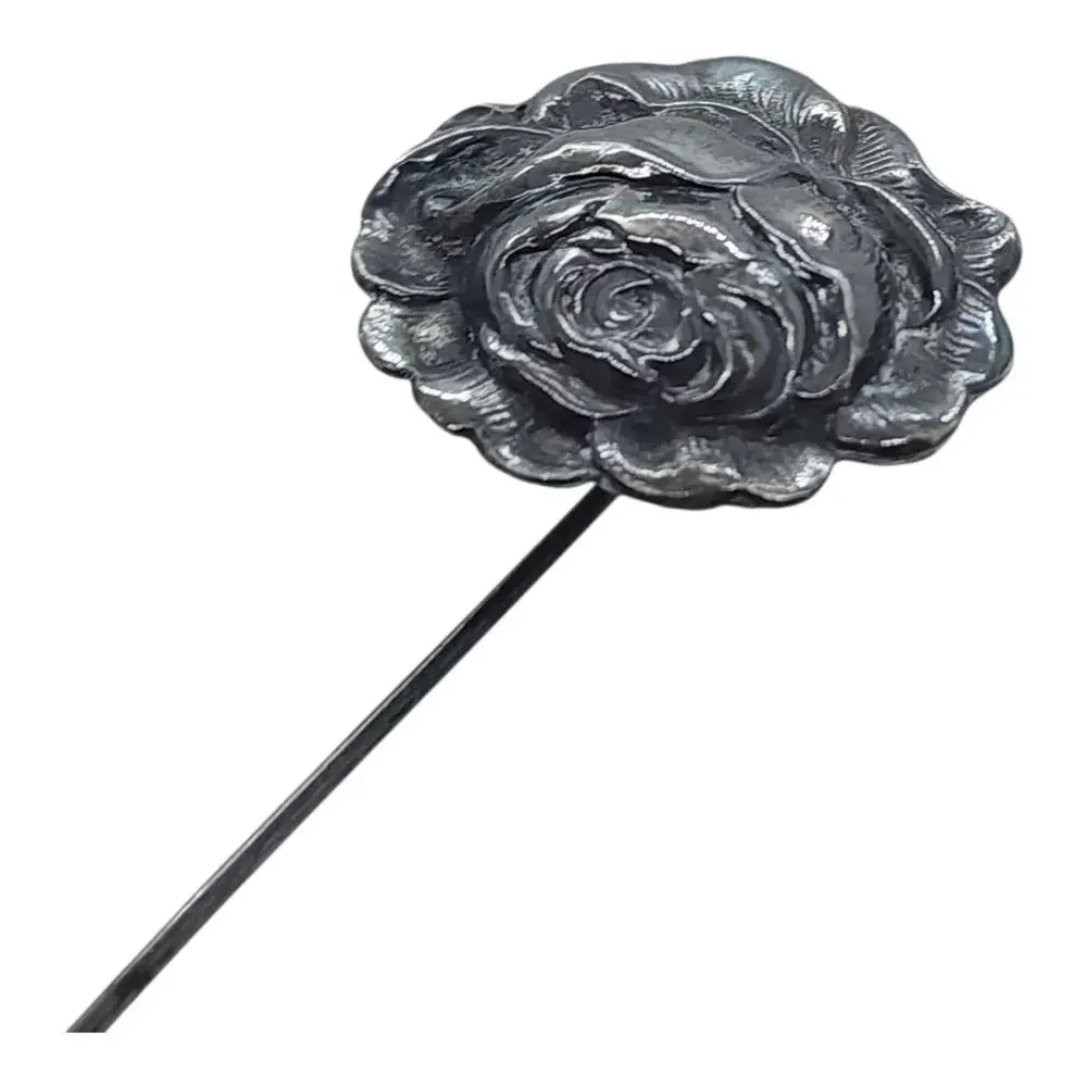 Vintage Sterling Silver Rose Flower Stick Pin Hat Pin Long Repousse